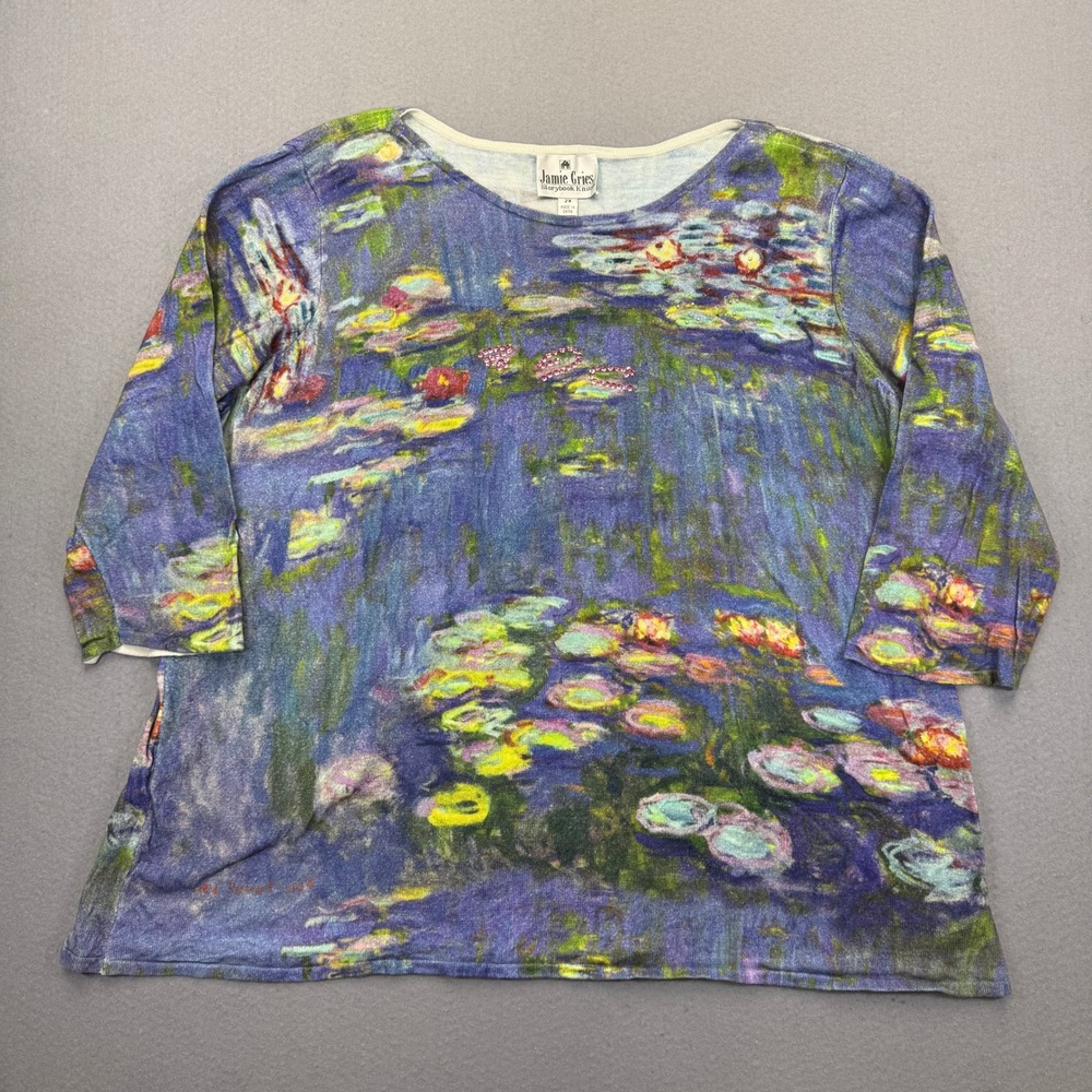 Jamie Gries Storybook Knits Monet Water Lilies Art Print Top Purple 2X 3/4 Slv